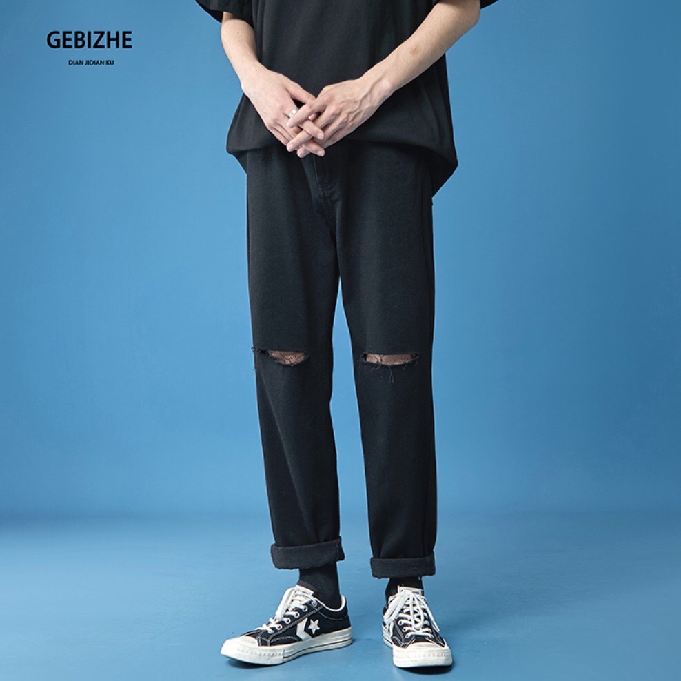 [Hottrend 2021⚡⚡] [B06] Quần Jean Baggy nam rách gối ống rộng cắt gấu đen không phai màu, vải co giãn | BigBuy360 - bigbuy360.vn
