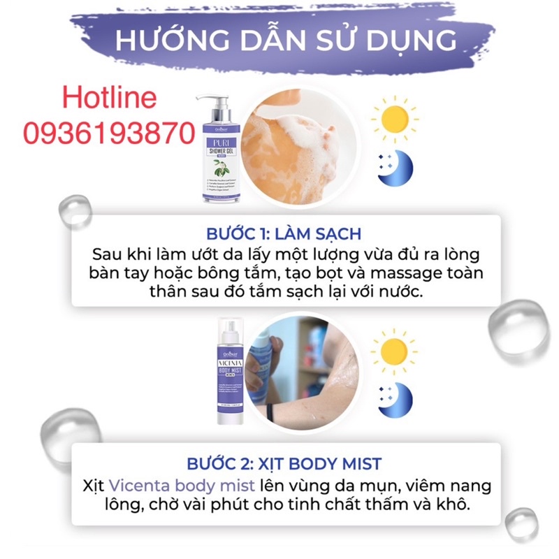 ✅ Combo Xịt Mụn Lưng, Giảm Viêm Nang Lông Dành Cho Nữ Oriskin Vicenta Body Mist  100ml và Sữa Tắm Puri shower Gel 300ml