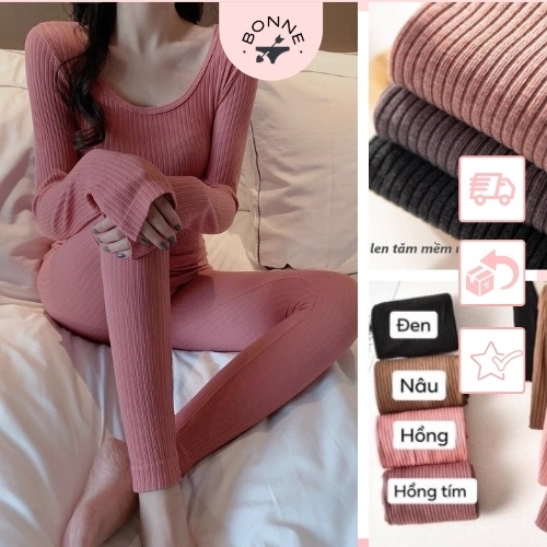 Đồ bộ nữ mặc nhà dài tay thu đông Cao Cấp có clip thật, bộ đồ ngủ nữ len tăm Bonne.underwear