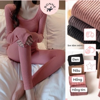 Đồ bộ nữ mặc nhà dài tay thu đông Cao Cấp có clip thật, bộ đồ ngủ nữ len tăm Bonne.underwear