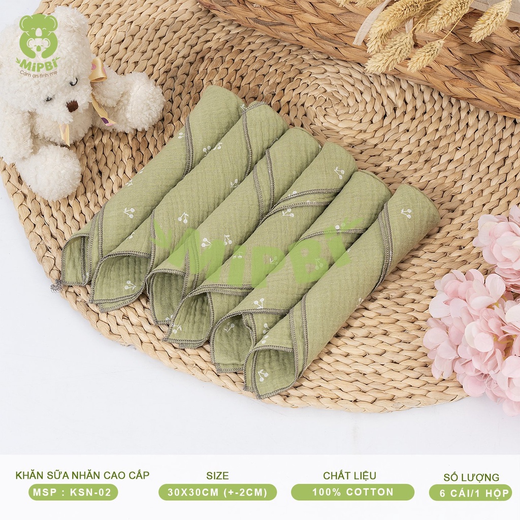 Hộp 6 chiếc khăn sữa nhăn Mipbi 2 lớp cao cấp 100% từ sợi tre kt 30x30 cm