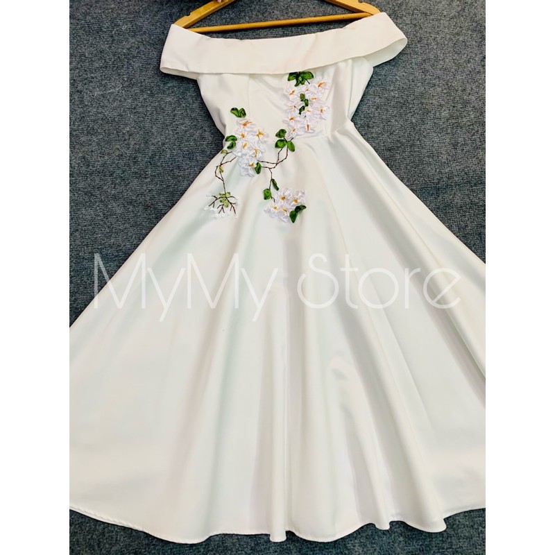 Đầm xoè bẹt vai thêu hoa nổi Size ML - MS148Y