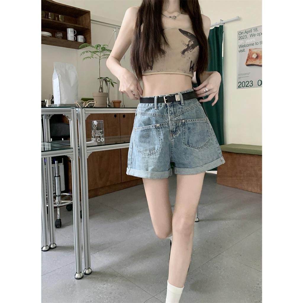 Lalisas Quần short denim Lưng Cao Ống Rộng Viền Xoăn Phong Cách Retro Mỹ Thường Ngày Cho Nữ