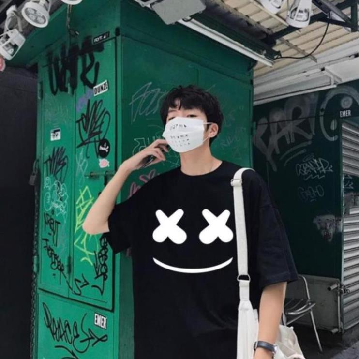 Áo thun tay lỡ unisex nam nữ form rộng Mặt Cười Hàn Quốc Siêu Đẹp Màu Đen áo phông basic tee mùa hè A55