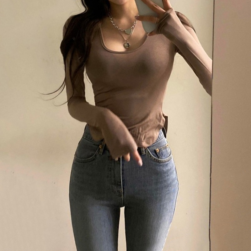 Áo Croptop Tay Dài Cổ Chữ U Màu Trơn Dáng Ôm Thời Trang Mùa Hè Quyến Rũ Cho Nữ
