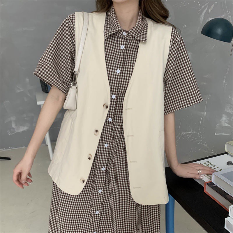 Set Đầm Sơ Mi Sọc Ca Rô + Áo Khoác Cardigan Không Tay Phong Cách Retro Hàn Quốc  váy | BigBuy360 - bigbuy360.vn