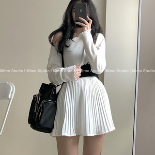 Croptop trễ vai - Chân váy dập ly