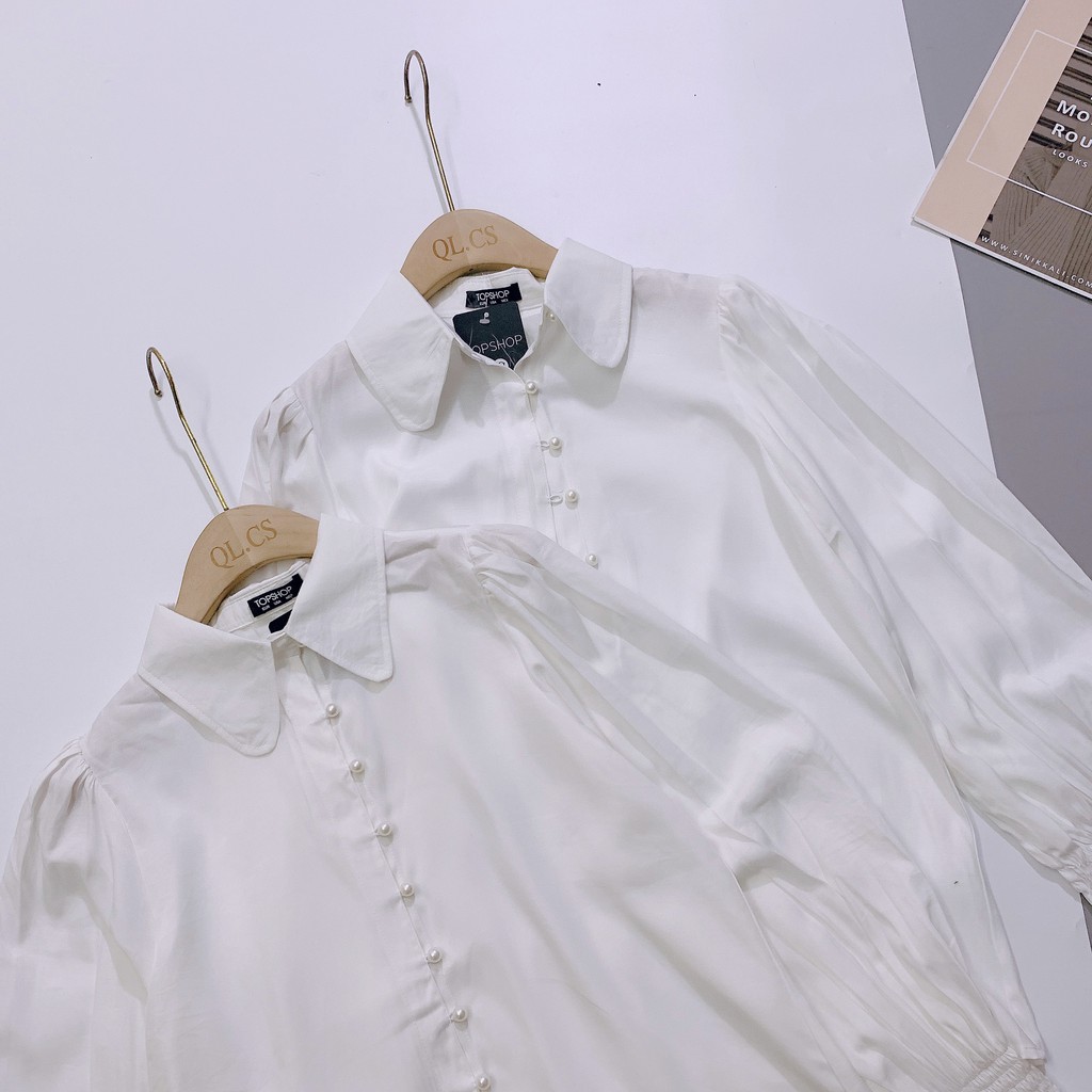 [Mã WASKT304 giảm 15% tối đa 30K đơn 99K] Áo sơ mi trắng nữ, cổ đức bo tròn, tay dài chun, cúc ngọc cực đẹp | BigBuy360 - bigbuy360.vn