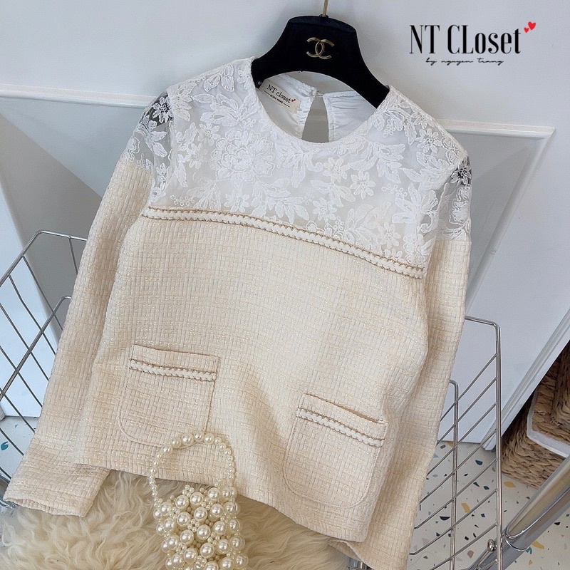 SALE Áo dạ tweed be pha vai ren chuẩn NT closet