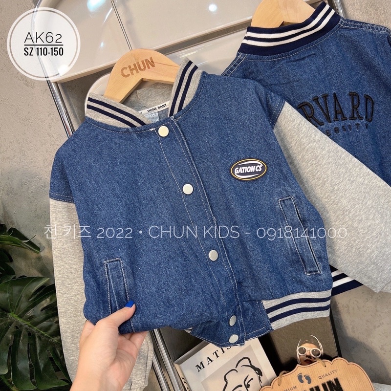 Áo khoác bò bomber cho trẻ em 8-22kg, mẫu phối tay nỉ