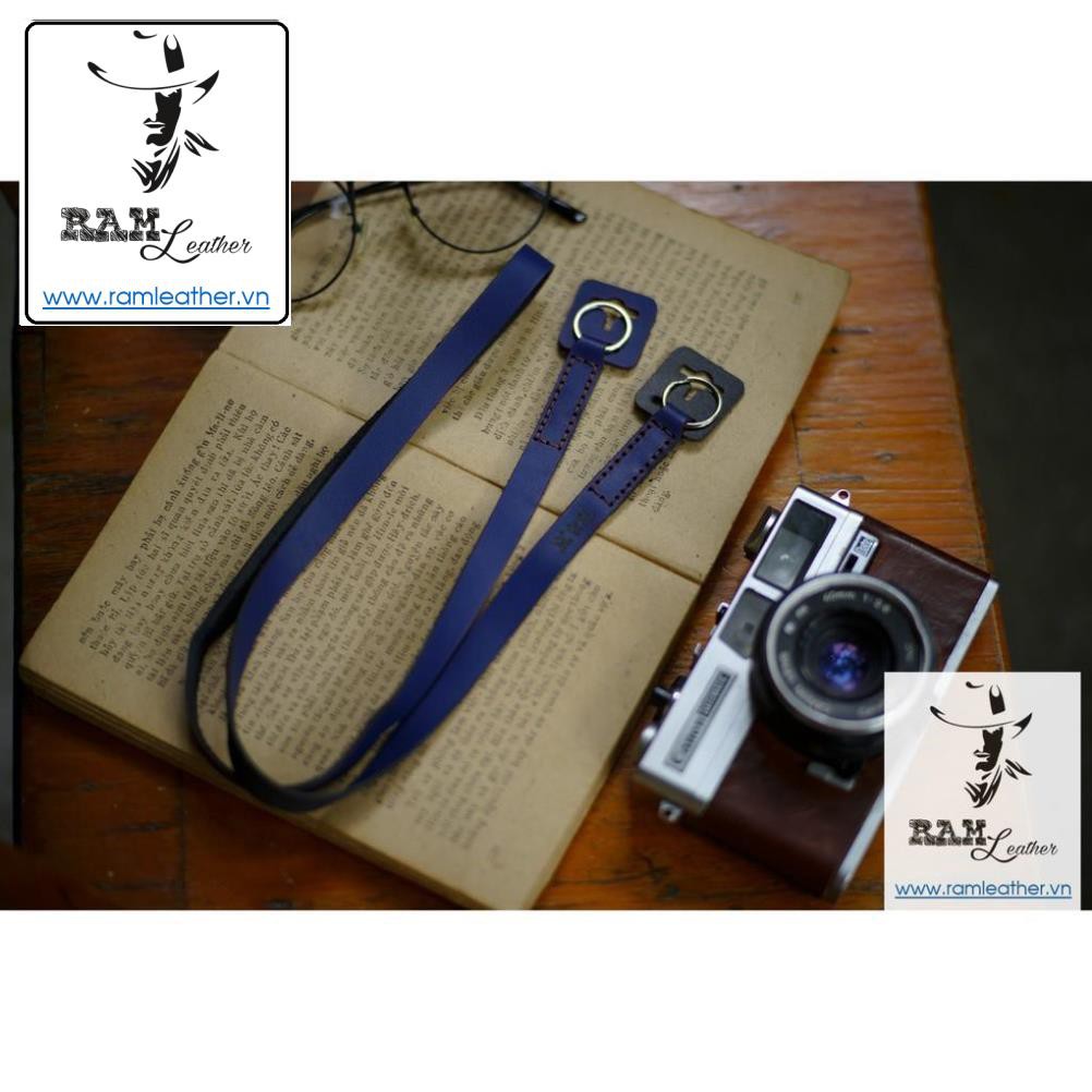 (Made in VietNam) DÂY MÁY ẢNH DA BÒ THẬT MÀUXANH NAVY - RAM A2 NAVY - RAM LEATHER