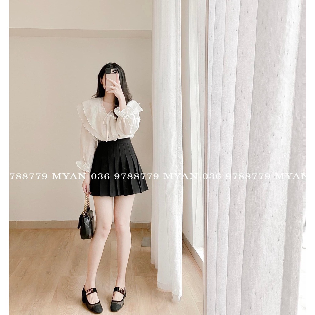 Áo tơ cổ tim phối ren, bèo cổ 2 lớp AVN022203