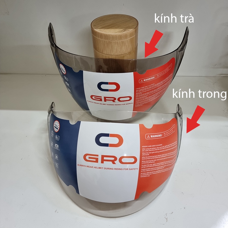 Mũ bảo hiểm chụp tai 3/4 đầu GRO 818 có kính dài màu trà, nhiều màu Size L (53-56 cm)