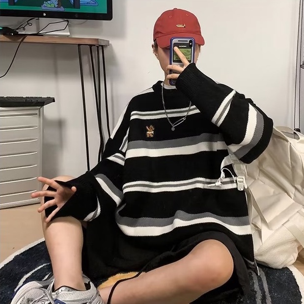 Áo Sweater Dáng Rộng Cổ Tròn Kẻ Sọc Kiểu Hàn Quốc Thời Trang Cho Nam áo len nữ form rộng áo len đẹp áo sweater unisex