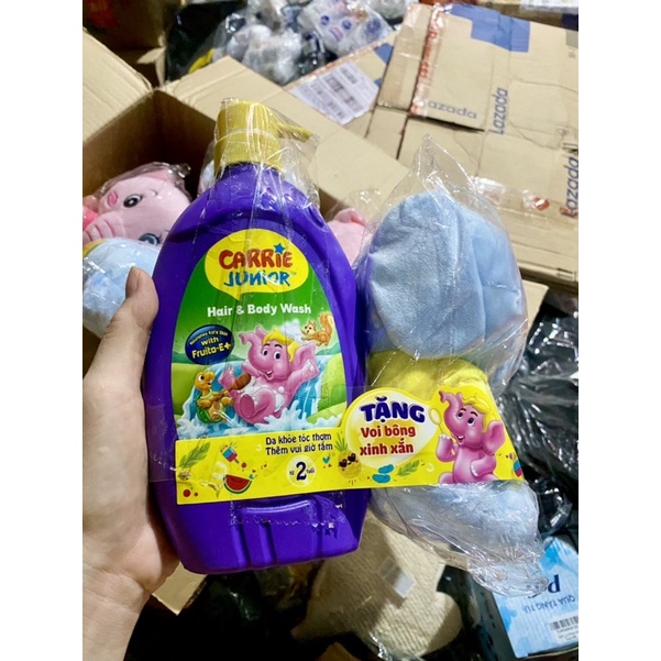Sữa tắm gội toàn thân cho bé Carrie Junior 700g chính hãng + voi bông cao cấp xinh xắn