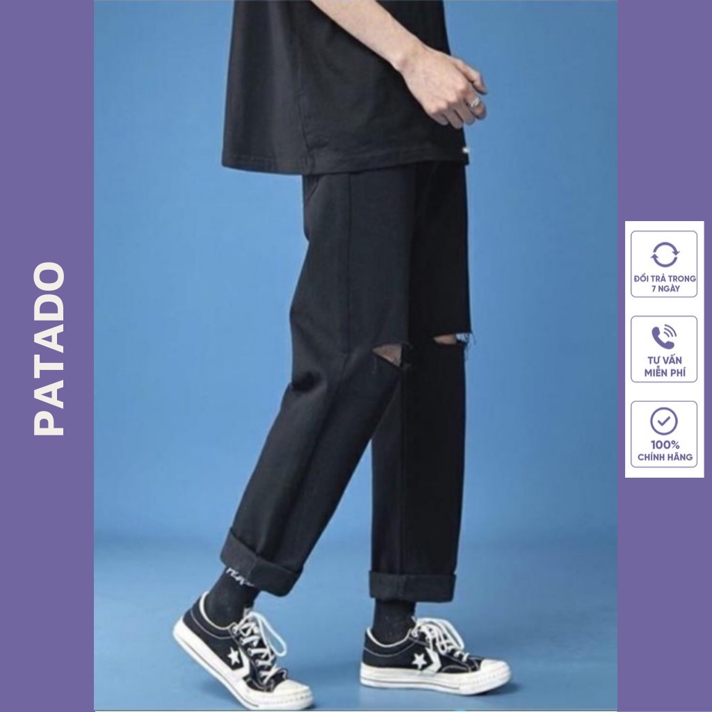 Quần jean nam rách gối dáng baggy ống suông rộng vải jeans cao cấp