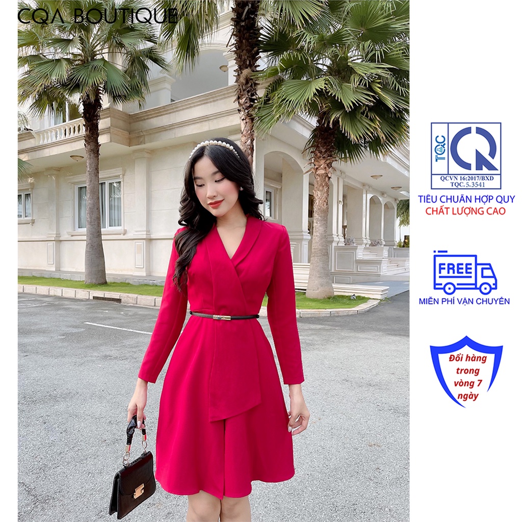 Đầm Vest Công Sở Tay Dài Kèm Dây Thắt Lưng CQA Boutique CQA0017 Màu Đỏ Rượu Chất Liệu Polyester
