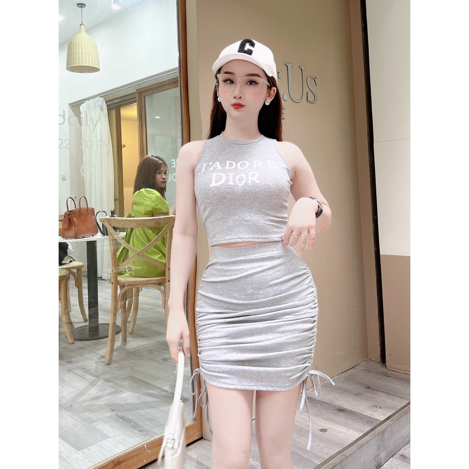 sét váy dây rút hai bên, áo cổ yếm - chất thun co giãn mềm mịn