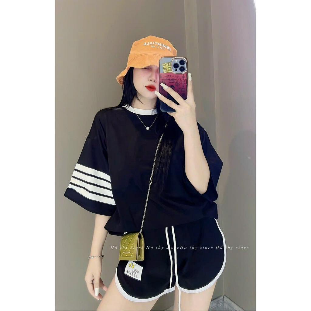 Sét bộ đồ nữ áo cổ tròn họa tiết tay kẻ ngang xinh xắn mix quần đùi duyên dáng cá tính đi chơi