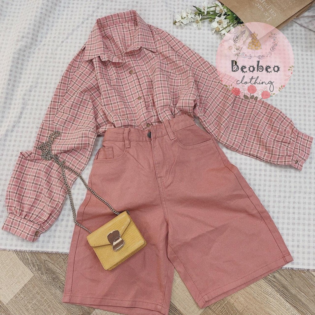 Áo sơ mi oversize sọc caro 4 màu pastel tay phồng