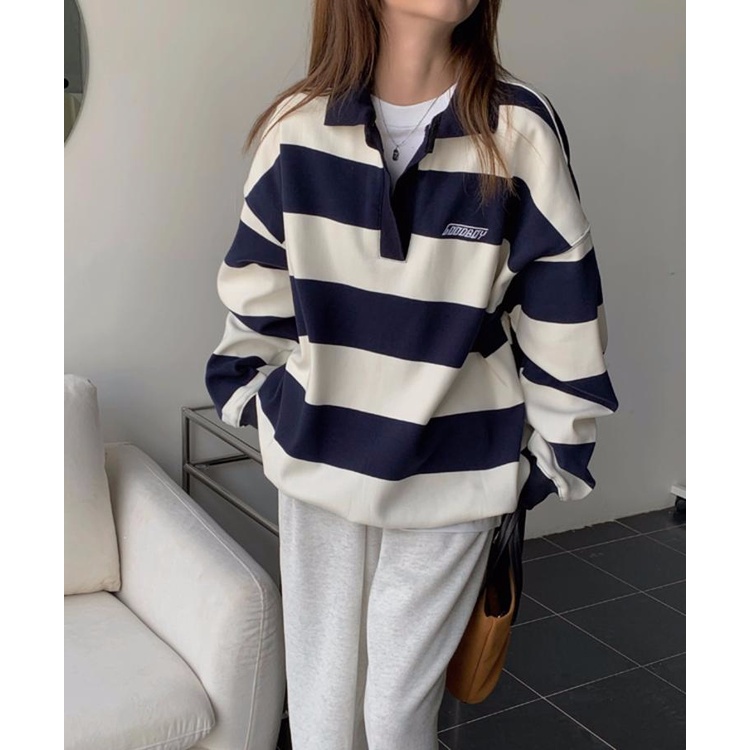 Áo Thun Polo Dáng Rộng Họa Tiết Kẻ Sọc Thêu Chữ Thời Trang Mùa Thu Mới Cho Nữ