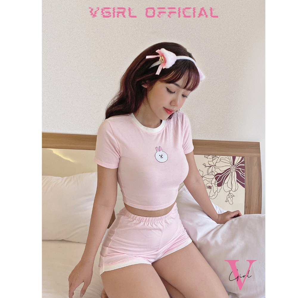 Set đồ bộ nữ VGIRL áo croptop kèm quần short vạt bầu màu Hàn Quốc logo dễ thương [ẢNH ĐỘC QUYỀN]