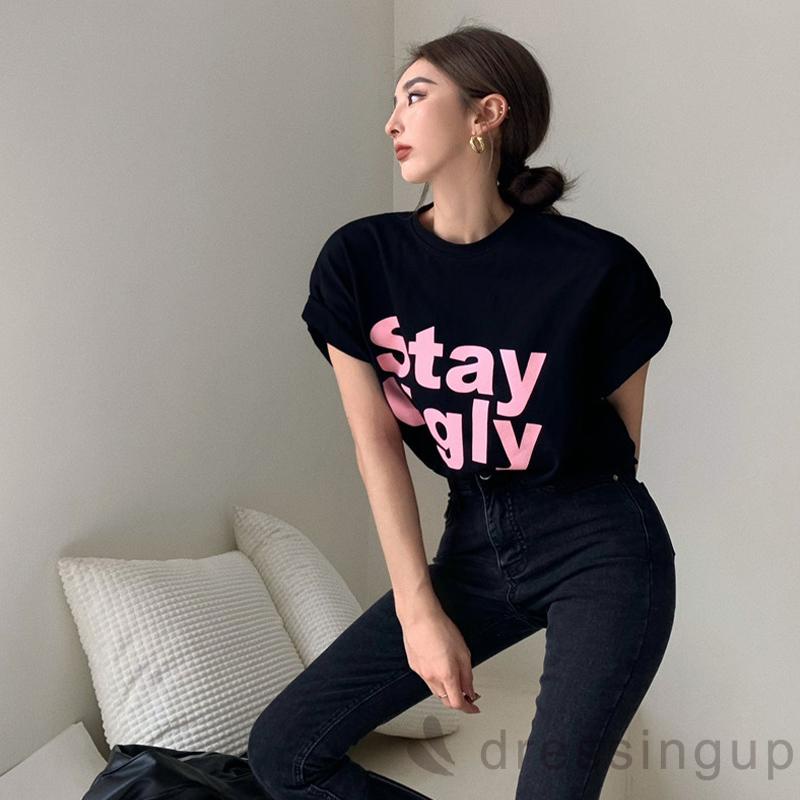 DRE-Women Summer Short Sleeve T-shirts,Letter Print Loose Casual Tops