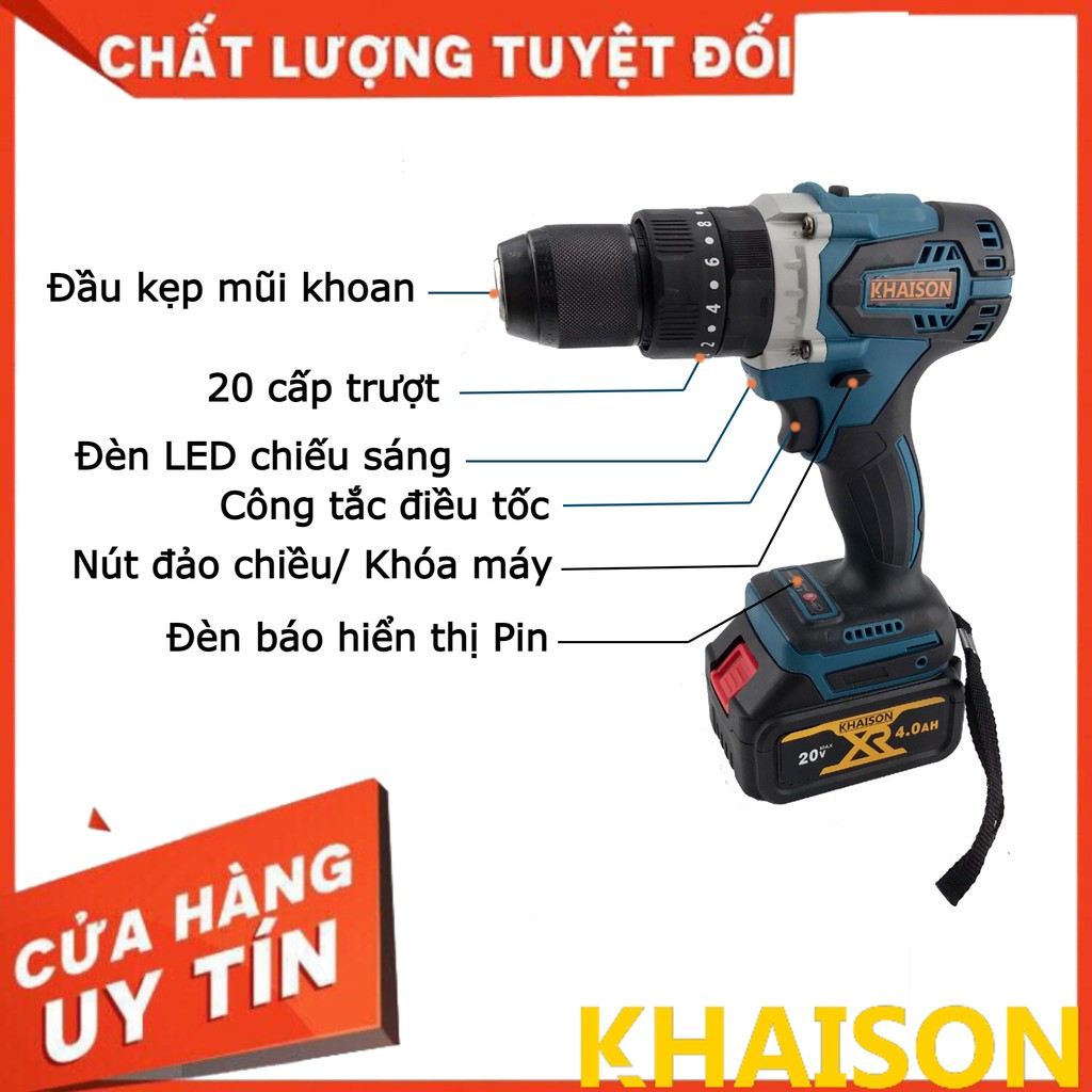 Thân máy khoan pin không chổi than đầu kẹp autolock 13mm 3 chức năng Khaison