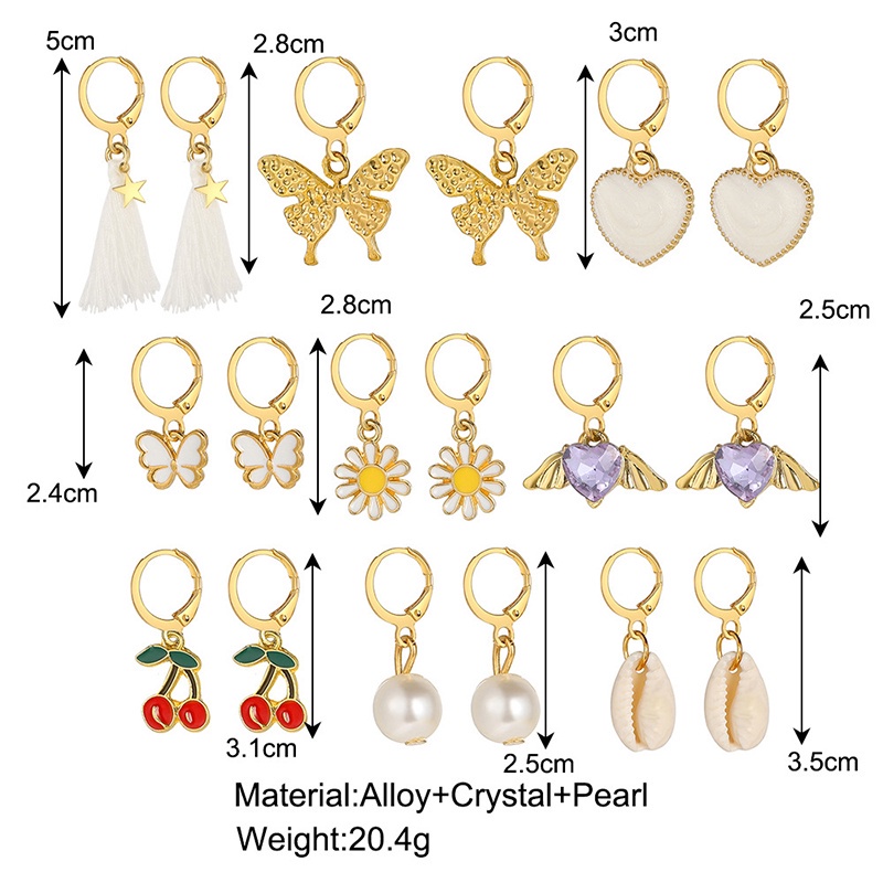 Set 9 Đôi Bông Tai Bằng Hợp Kim Dát Đá Hình Bướm / Trái Tim / Cherry / Ngọc Trai YR