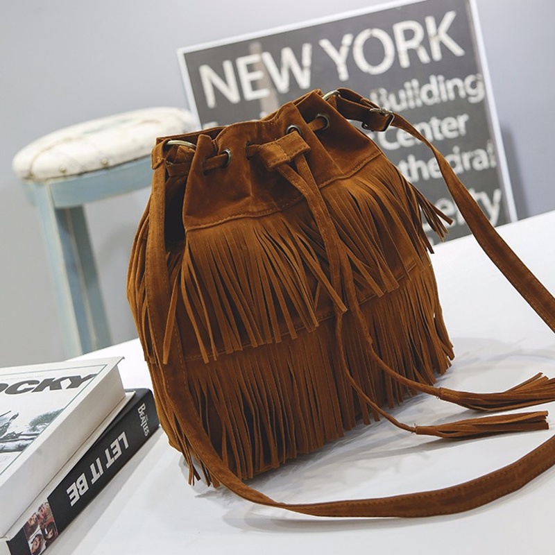 IELGY Túi Xách Rút Dây Đeo Chéo Mềm Mại Phối Tua Rua Thời Trang Cho Nữ