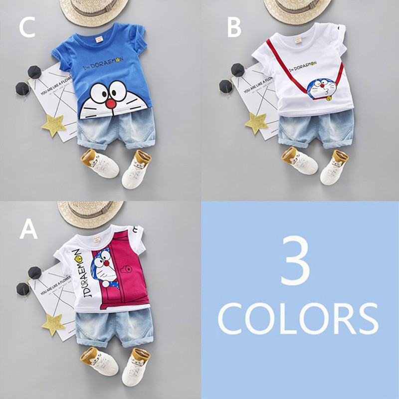 Set áo thun ngắn tay cổ tròn in hình doraemon và quần short denim xinh xắn cho bé