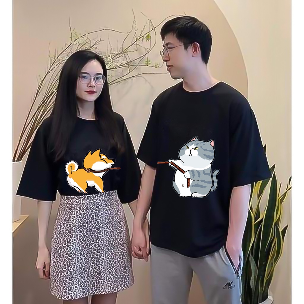 Áo thun cặp đôi In hình Chó Mèo Kéo Dây siêu dễ thương, Áo phông unisex Nam Nữ