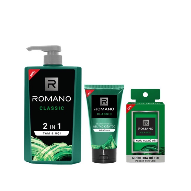 Combo Romano gồm : 1 chai tắm gội Romano 650g, 3 chai nước hoa bỏ túi, 1 gel vuốt tóc 150g