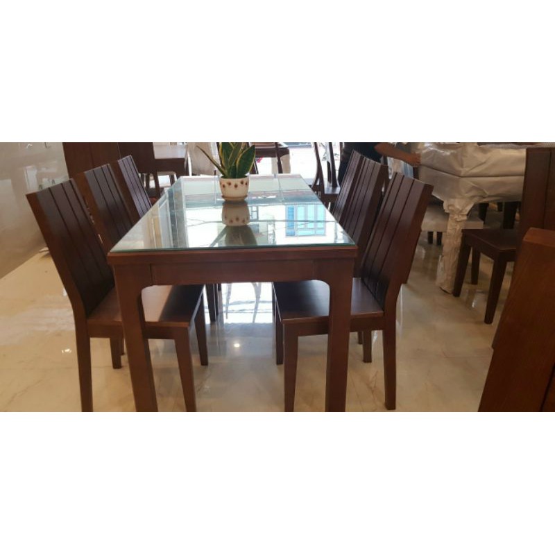 Bộ Bàn Ăn Mặt Gỗ 6 Ghế Dáng Tối Giản Lớn Bằng Gỗ Sồi 100%