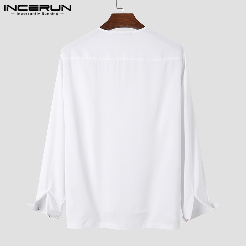 Áo sơ mi INCERUN tay dài cổ chữ V thời trang cho nam