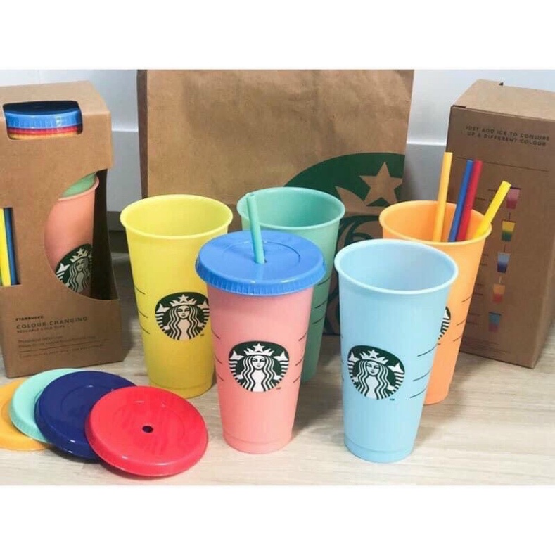 Sét 5 Ly Đổi Màu STARBUCKS 🍒FREESHIP🍒Cốc Nhựa 5 Màu 710ml Giữ Nhiệt Có Thể Tái Sử Dụng