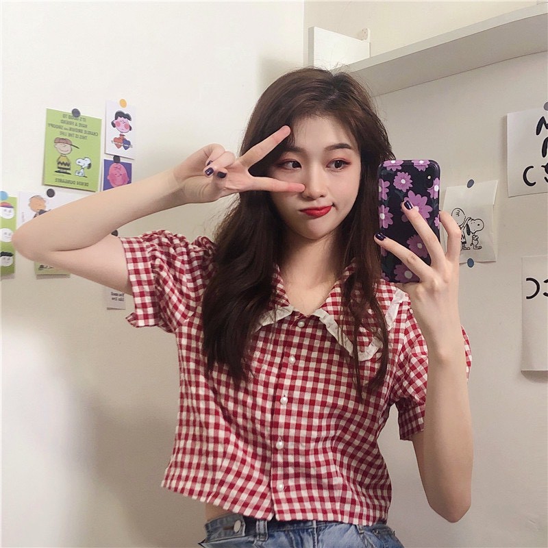 Áo sơ mi nữ kẻ dáng ngắn cộc tay cổ viền ren nhiều màu xinh xắn