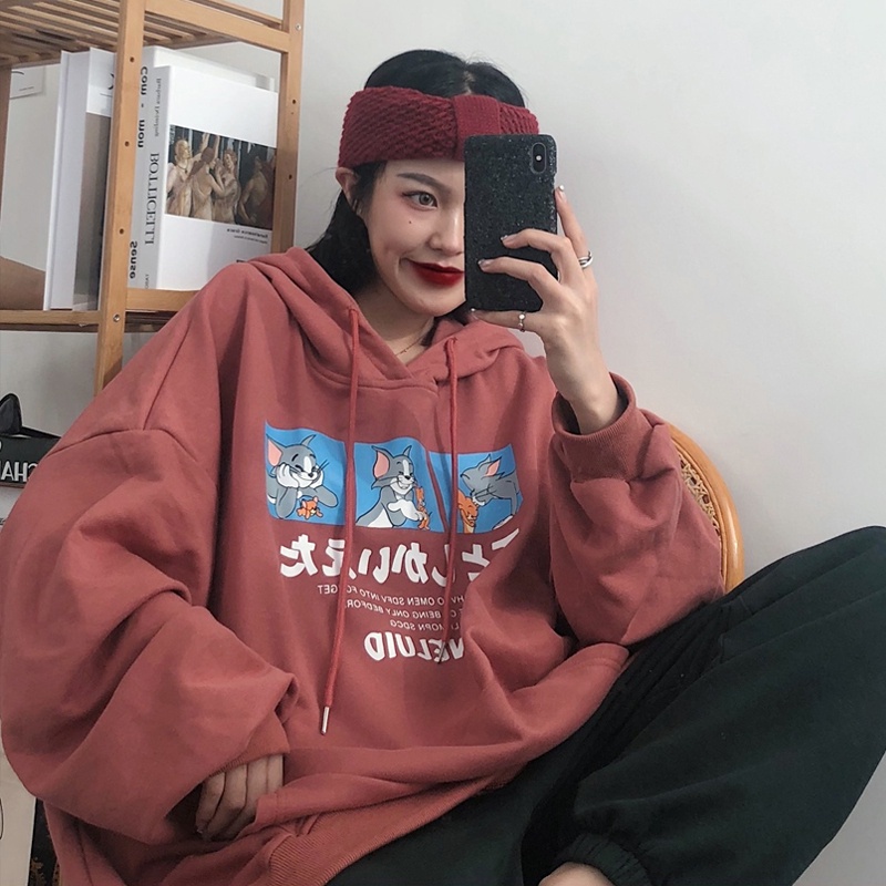 áo hoodie nữ form rộng có mũ thời trang ulzzang hàn quốc, áo hoodie nữ nỉ hình tom và jerry thời trang unisex du lịch