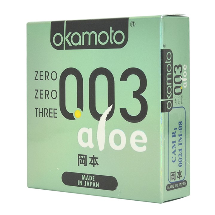 Bao Cao Su Okamoto 0.03 Aloe. Tinh Chất Lô Hội Hộp 3 Cái