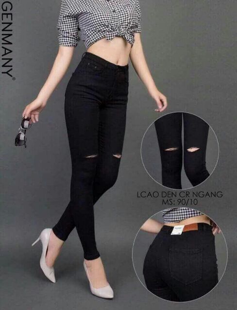 Thời trang nữ Bigsize (55kg-95kg). Quần Jeans đen rách gối co giãn, mềm đẹp hàng dày dặn nha. Bigsize 30-42 😍😍😍😍😍