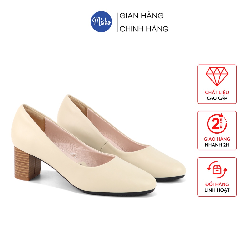 Giày cao gót công sở nữ mũi tròn basic da thật cao cấp êm mềm ôm chân gót trụ cao 5cm Misho 1223
