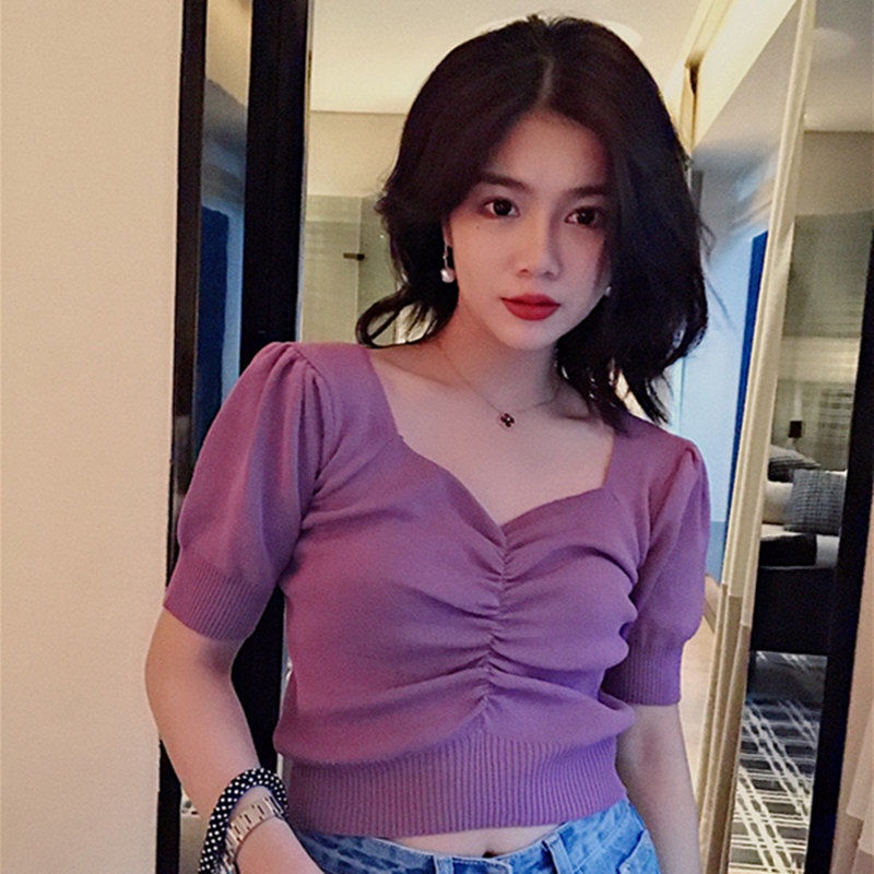 Áo Len Tay Ngắn Phồng Xếp Ly Cổ Thấp Thời Trang Dành Cho Nữ