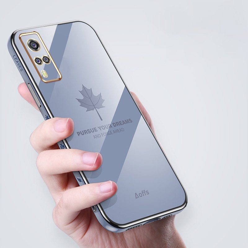 Ốp Điện Thoại Mềm Hình Vuông Mạ Điện Họa Tiết Lá Phong Cho Vivo Y51A Y51 2020 Y31 2020 Y53S 4G