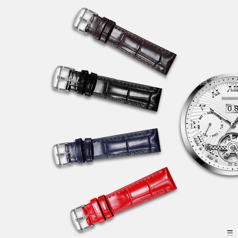 [TẶNG CHỐT] Dây đồng hồ da bê KHÓA CÀI vân cá sấu bóng của Ý 3 màu full size 12/14/16/18/20/22mm