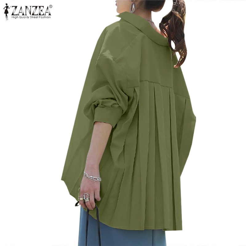 Áo kiểu ZANZEA dáng rộng tay dài màu trơn cổ bẻ thiết kế xếp ly phong cách đường phố thời trang cho nữ