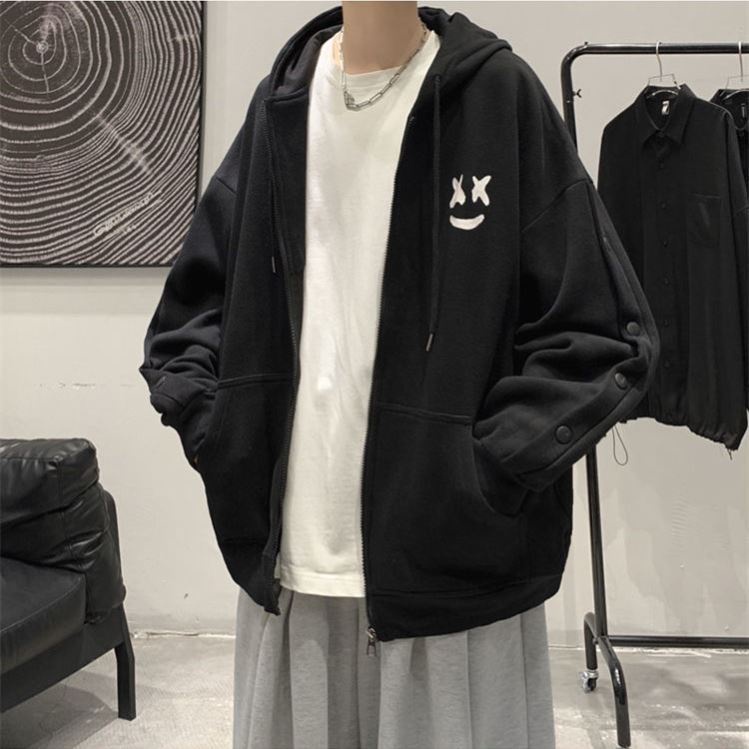 Áo khoác hoodie tay dài dáng rộng in hình mặt cười phong cách Hong Kong thời trang xuân thu cho nam