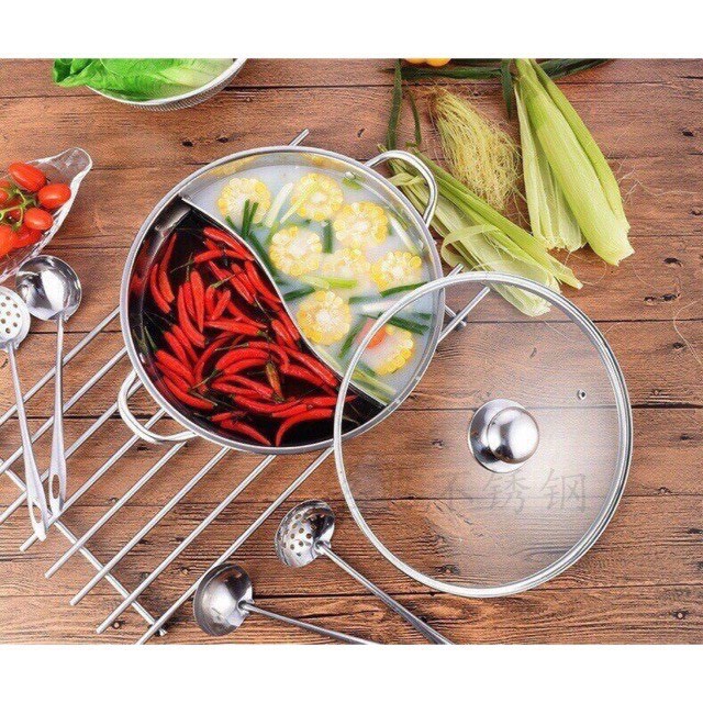 Nồi Lẩu Hot Pot 2 Ngăn Inox-Nôi Lẩu Size Lớn 30cm-Nồi Lẩu 2 Ngăn Dầy Dặn Nấu Dược Bếp Từ Cao Cấp