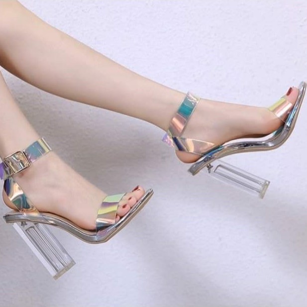 [Ảnh thật] Giày sandal nữ gót vuông trong suốt cao 9p quai meca dạ quang nhiều màu mềm dẻo