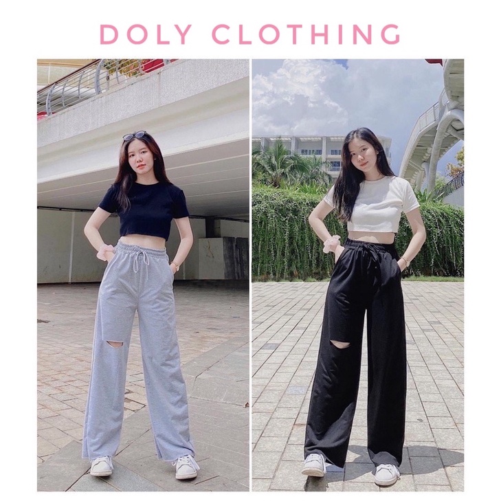 Quần Ống Rộng Rách Gối dành cho nam nữ,Quần Baggy Cạp Cao Thun Dài Rách Đùi Unisex Siêu Hot