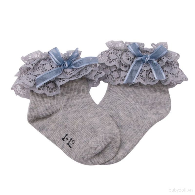 Vớ Cotton Mềm Mại Phối Ren Nhún Bèo Màu Trơn Dành Cho Bé Gái